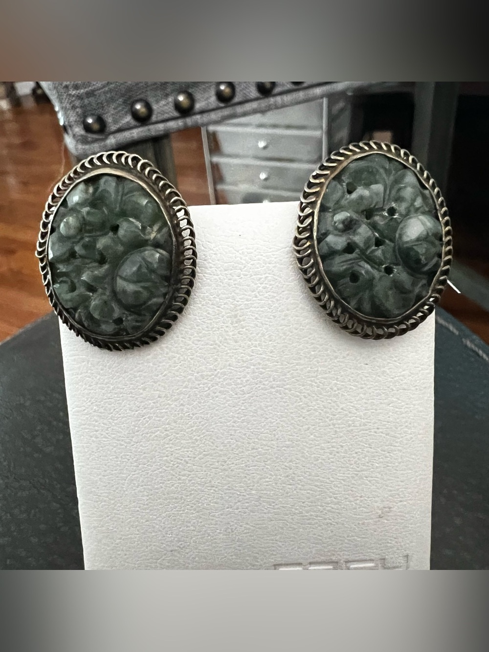 Green Carved Jadeite  Oval screw back sterling silver Earrings